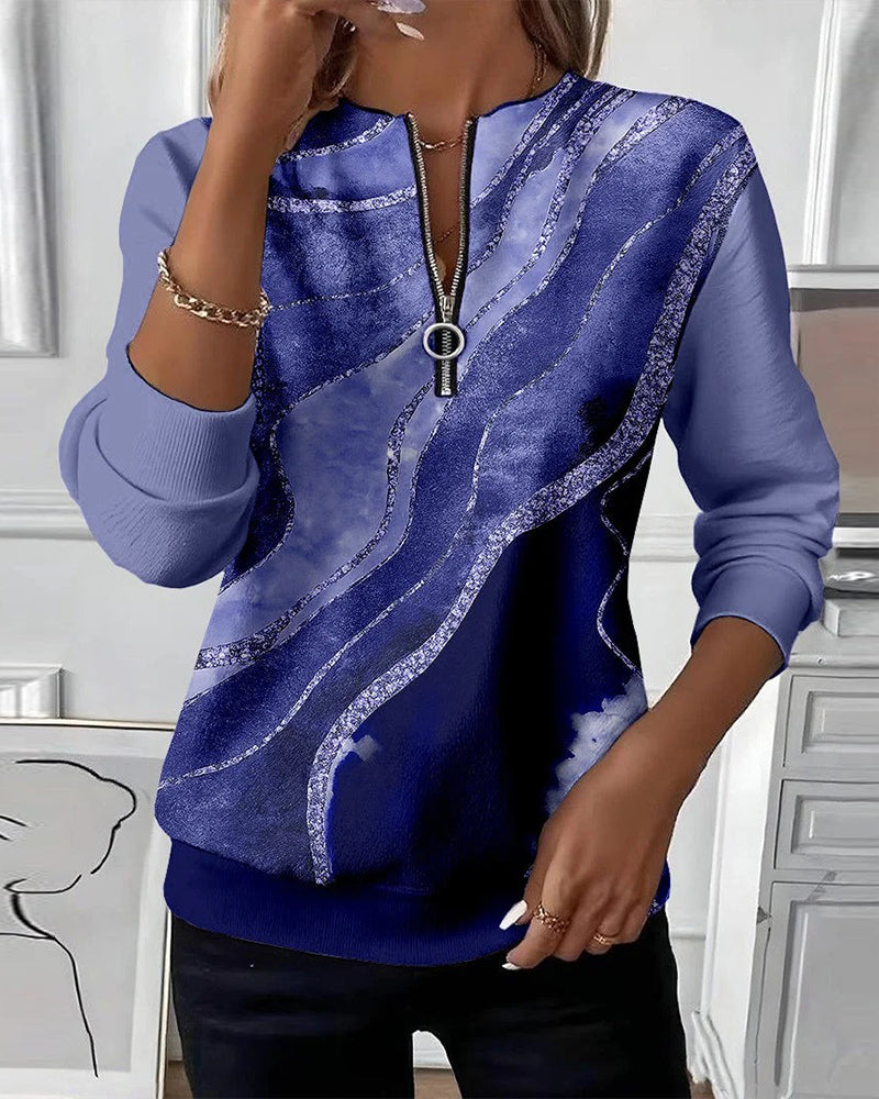 Velith | Dames half-zip sweatshirt – elegante marmerprint trui, lange mouwen casual top