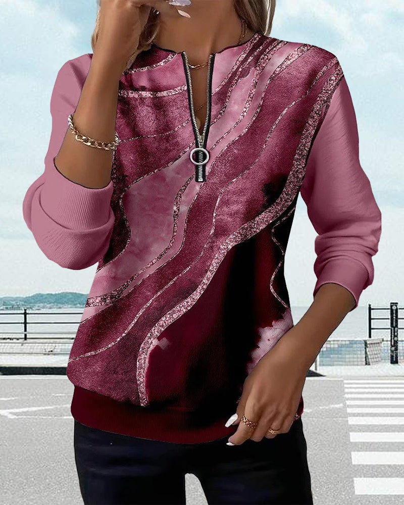 Velith | Dames half-zip sweatshirt – elegante marmerprint trui, lange mouwen casual top
