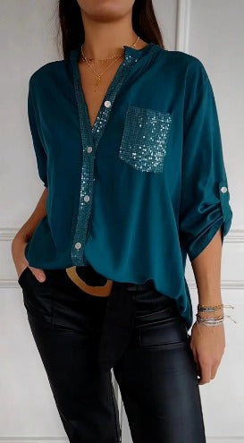 Stella | Elegant Sequin Blouse - Casual Button-Down Top with Adjustable Cuffs