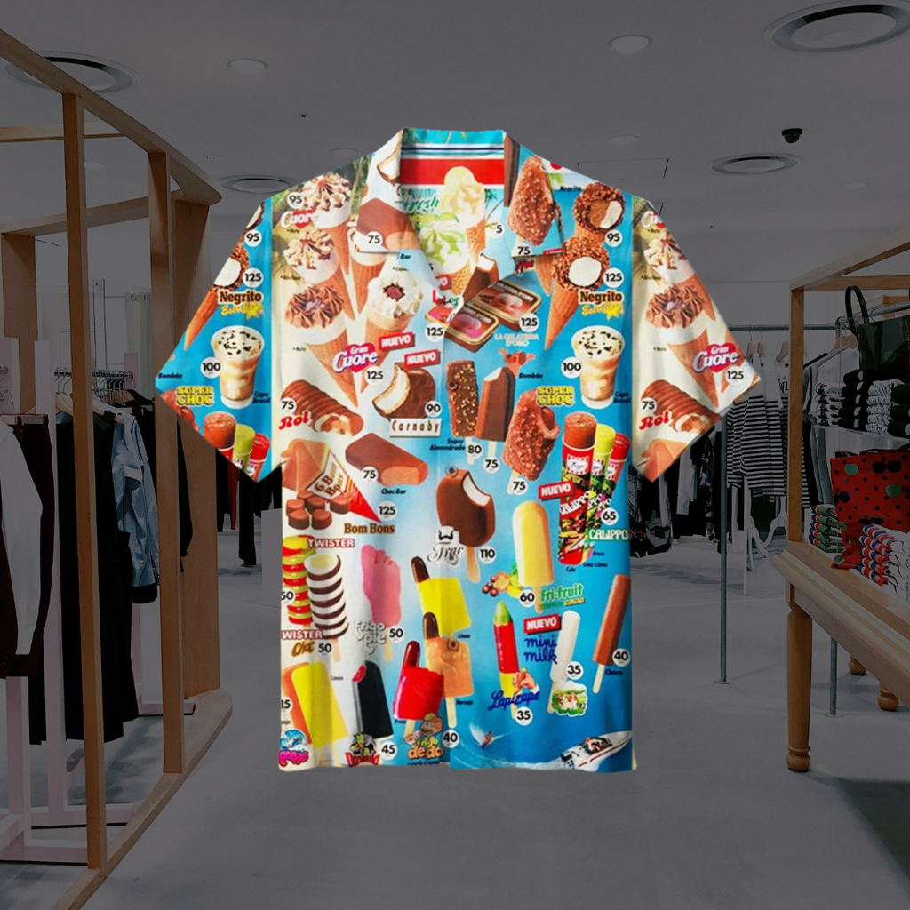 Remiel | Men's Retro Ice Cream Print Short Sleeve Shirt - Breathable Casual Wear