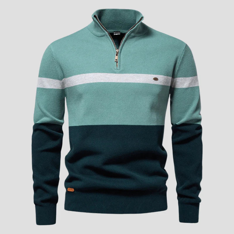 Ulmar | Herenkatoenen trui met halve rits, driekleurig, opstaande kraag, casual gebreide pullover