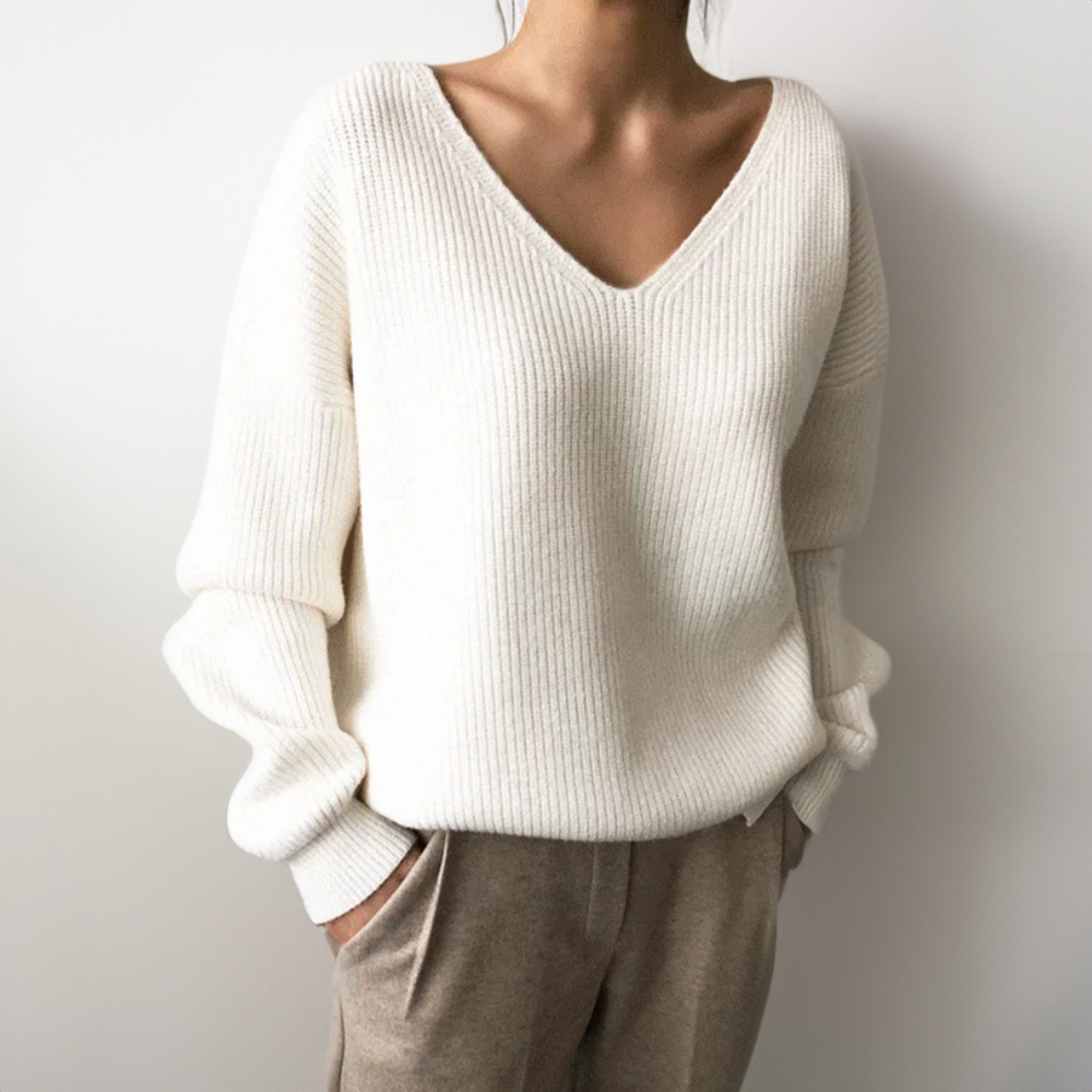 Nella | Pull en grosse maille à col V pour femme, pull doux et décontracté, maille d'hiver confortable et élégante