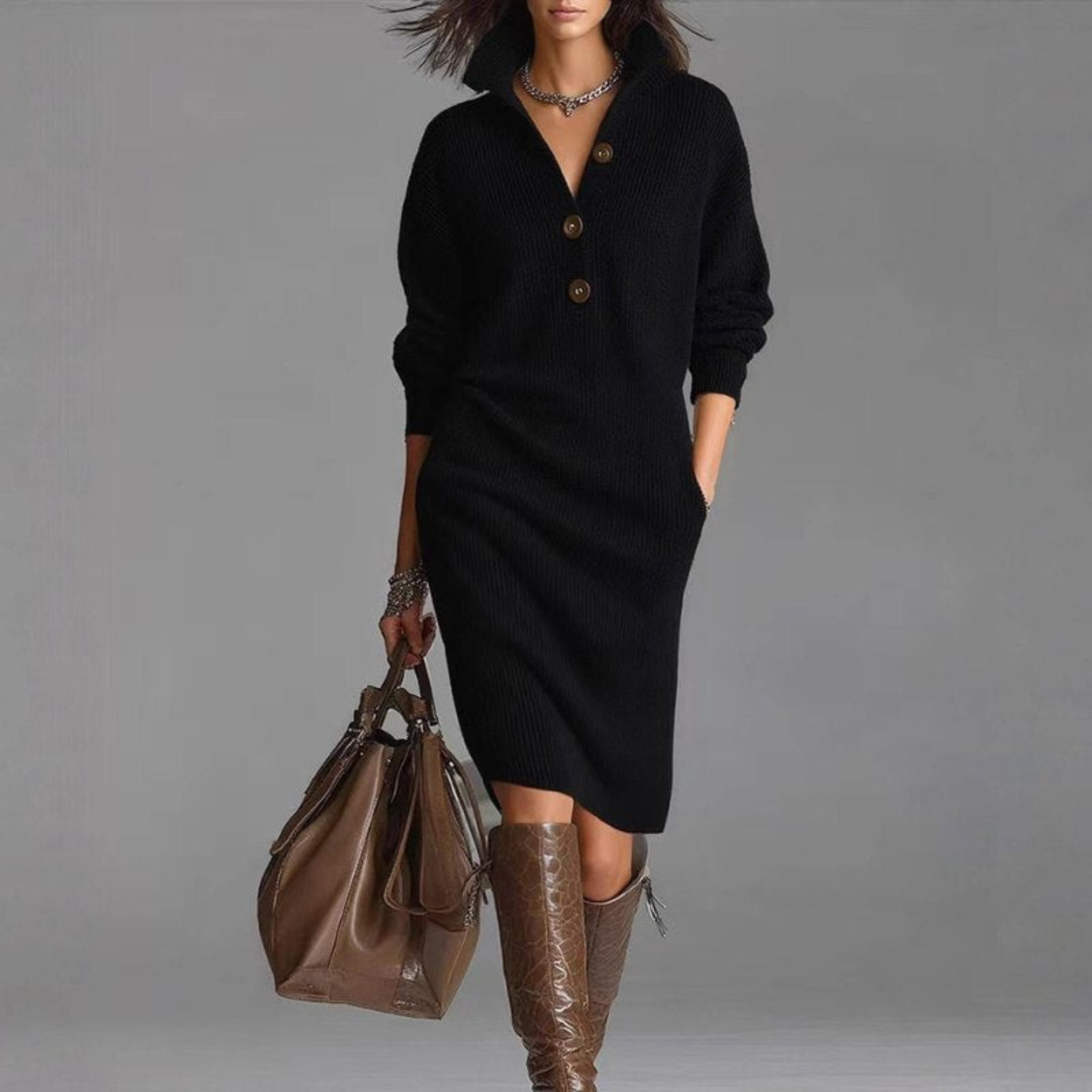 Olenka | Zachte gebreide midi-jurk voor dames – Gebreid met hoge kraag en knopen, casual elegante