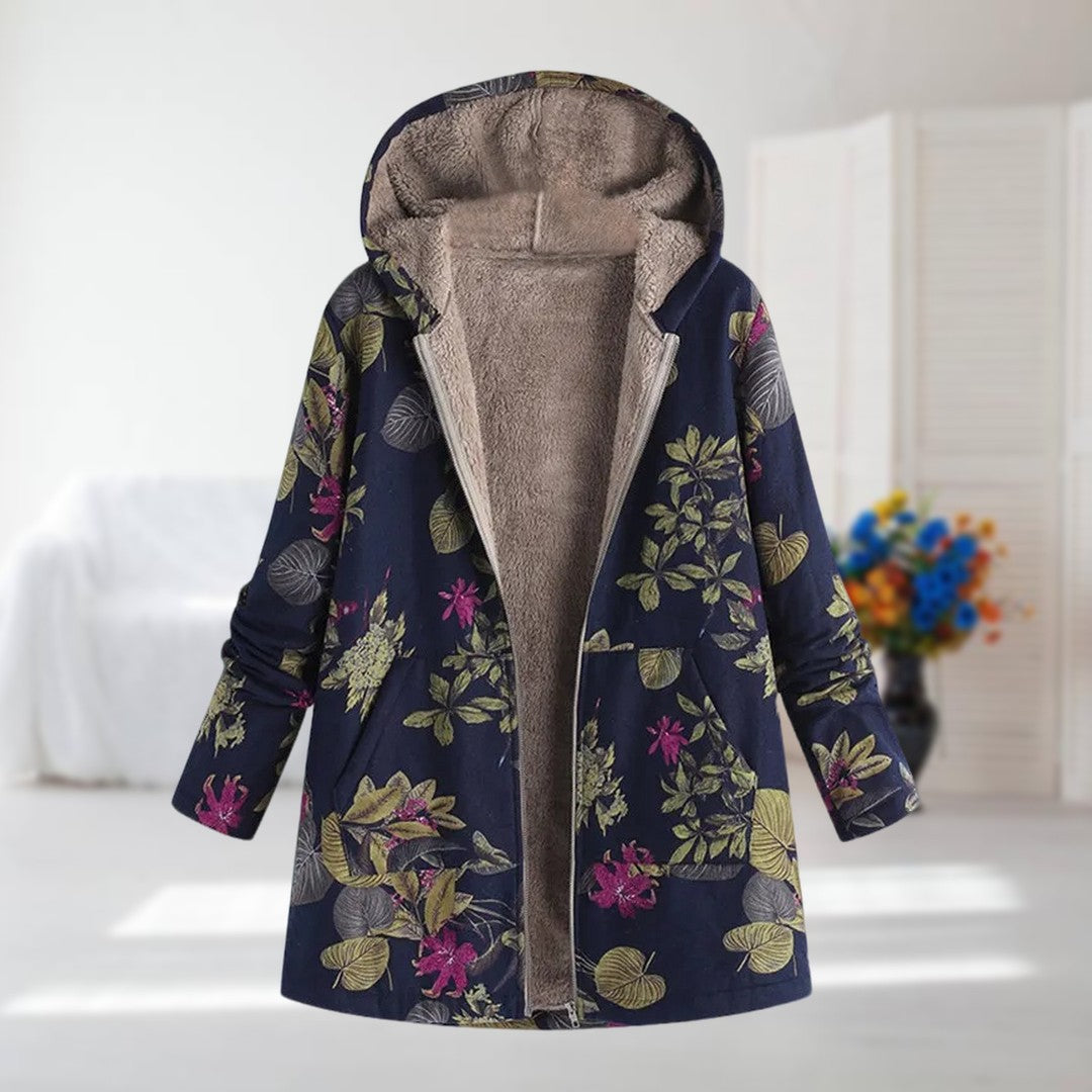 Saina | Damesjas met capuchon en fleecevoering – Warme winterjas met bloemenprint