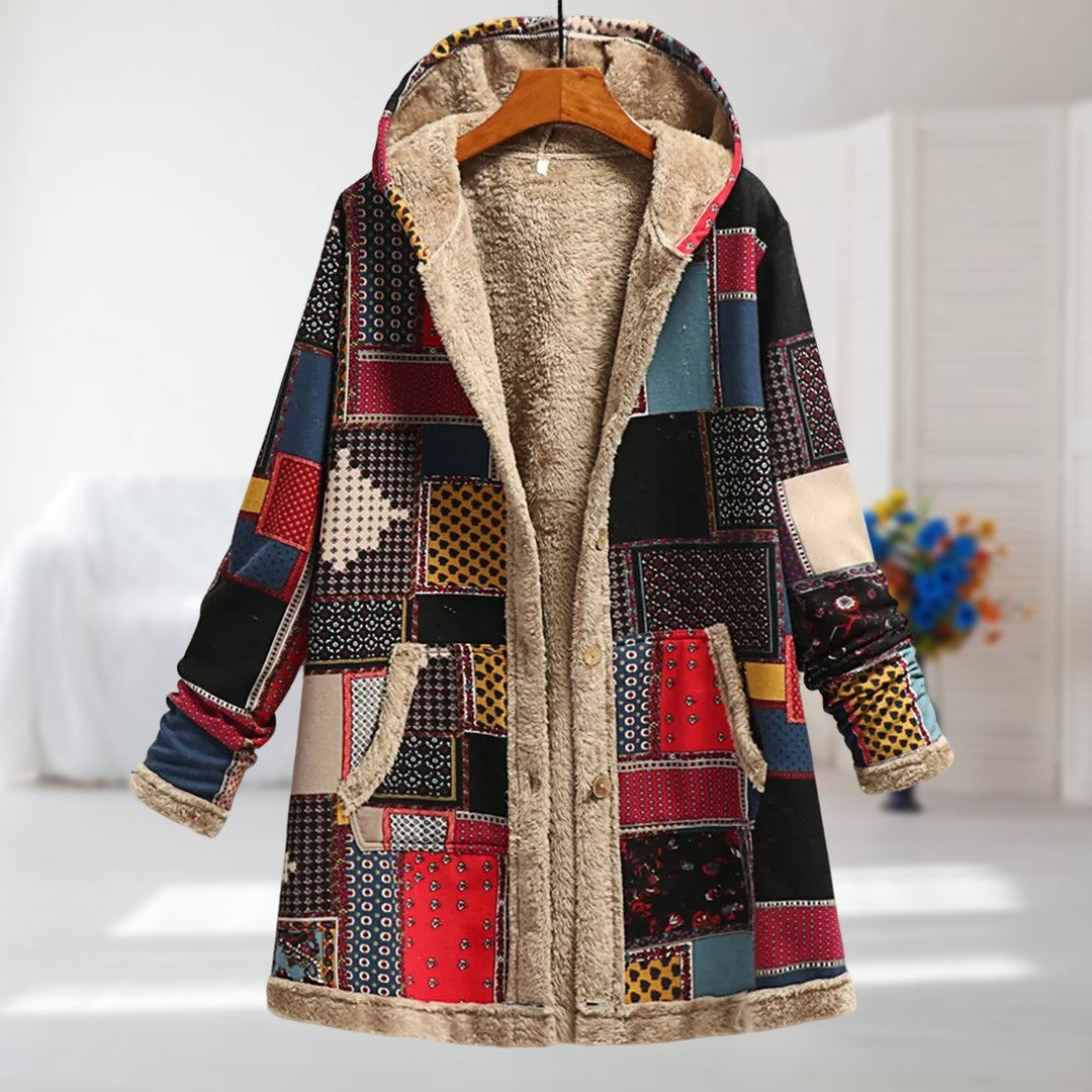 Saina | Damesjas met capuchon en fleecevoering – Warme winterjas met bloemenprint