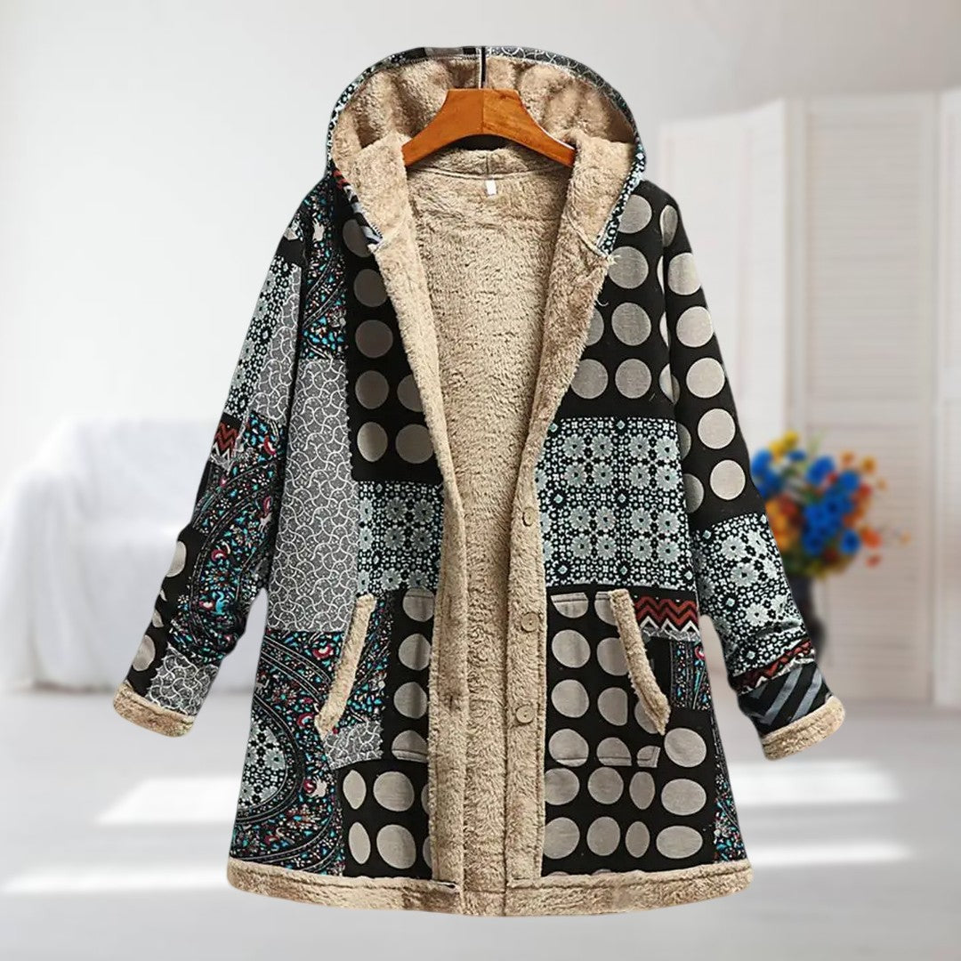 Saina | Damesjas met capuchon en fleecevoering – Warme winterjas met bloemenprint