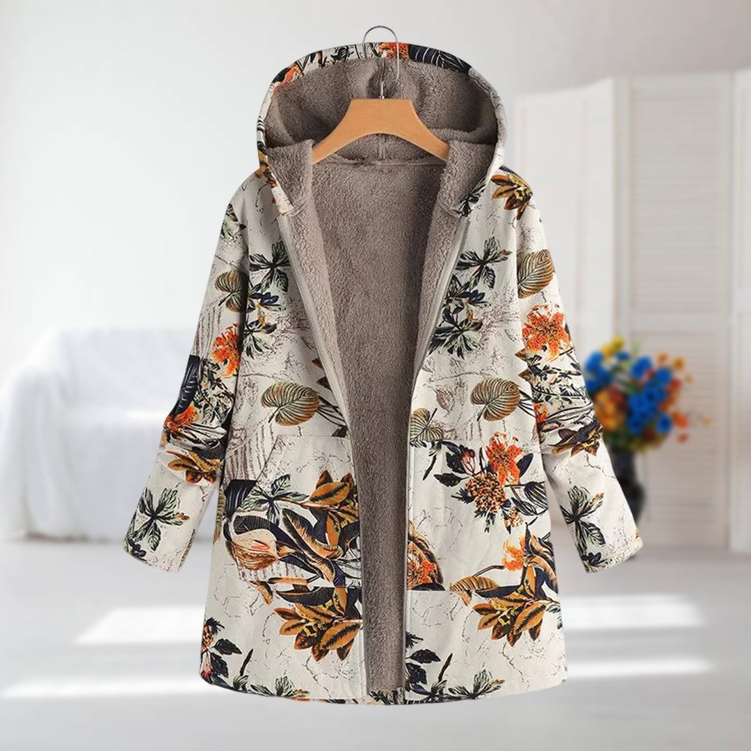 Saina | Damesjas met capuchon en fleecevoering – Warme winterjas met bloemenprint