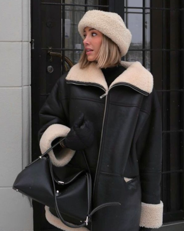 Vicky | Oversized Leren Jas voor Dames met Teddy Voering - Stijlvolle & Warme Winter Buitenkleding