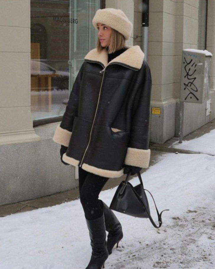Vicky | Oversized Leren Jas voor Dames met Teddy Voering - Stijlvolle & Warme Winter Buitenkleding