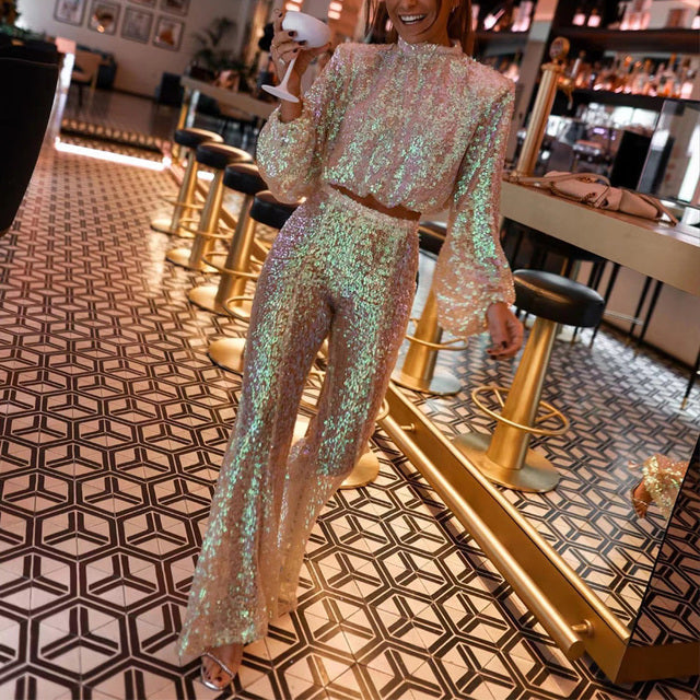 Harleen | Damesoutfit 2-delig met pailletten - lange mouwen croptop & wijde broek voor feesten & speciale evenementen