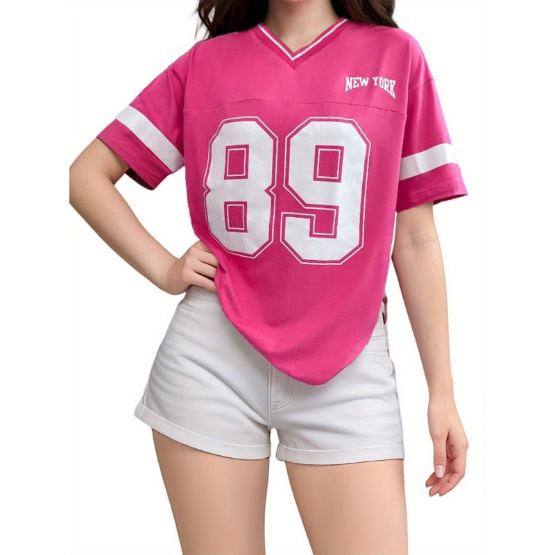 Veyanna | Oversized V-hals varsity-shirt voor dames - Trendy casual losvallende top