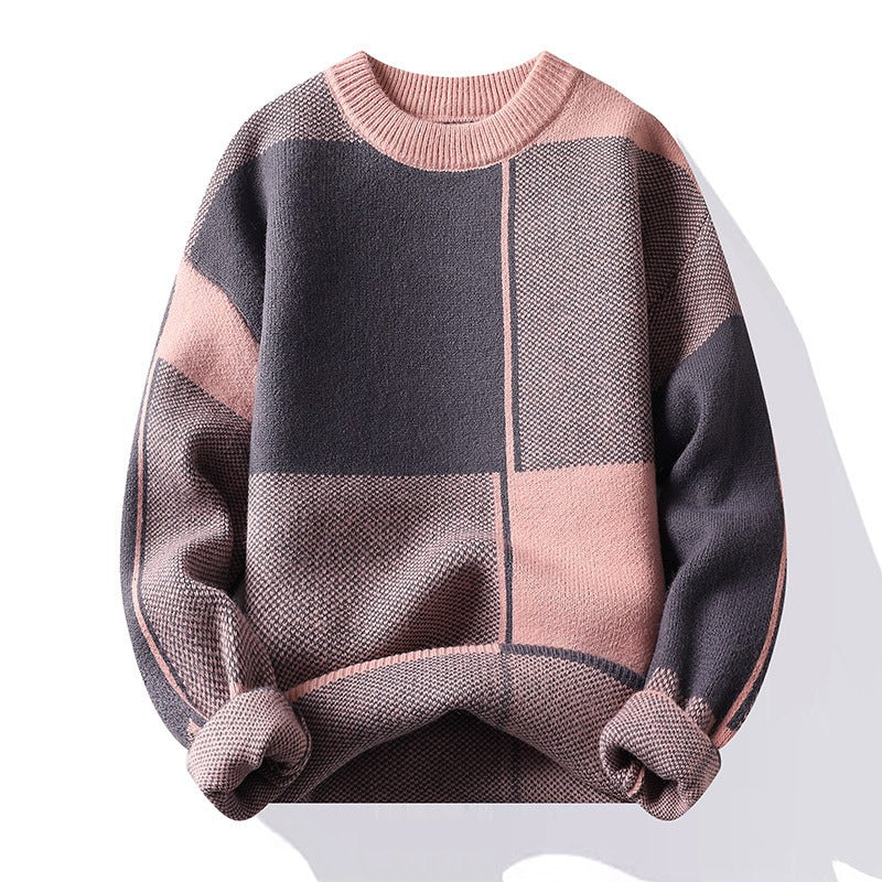 Folkan | Pull chaud pour homme, manches longues, col rond et patchwork à carreaux – Confortable et élégant