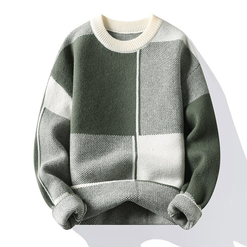 Folkan | Warme herentrui met lange mouwen en ronde hals met geruite patchwork – Comfortabel en stijlvol