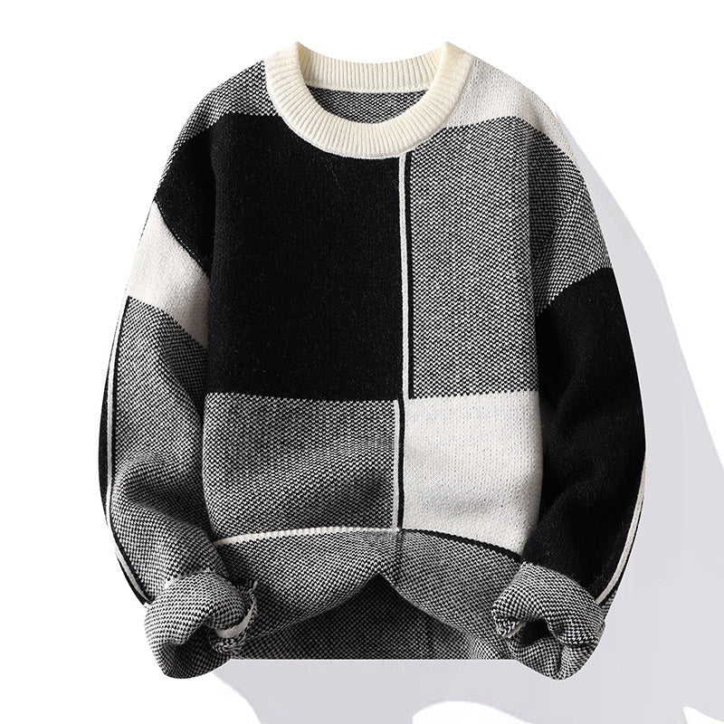 Folkan | Warme herentrui met lange mouwen en ronde hals met geruite patchwork – Comfortabel en stijlvol