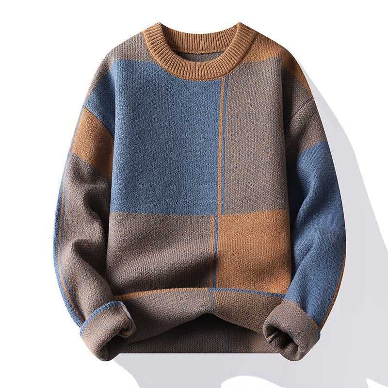 Folkan | Pull chaud pour homme, manches longues, col rond et patchwork à carreaux – Confortable et élégant