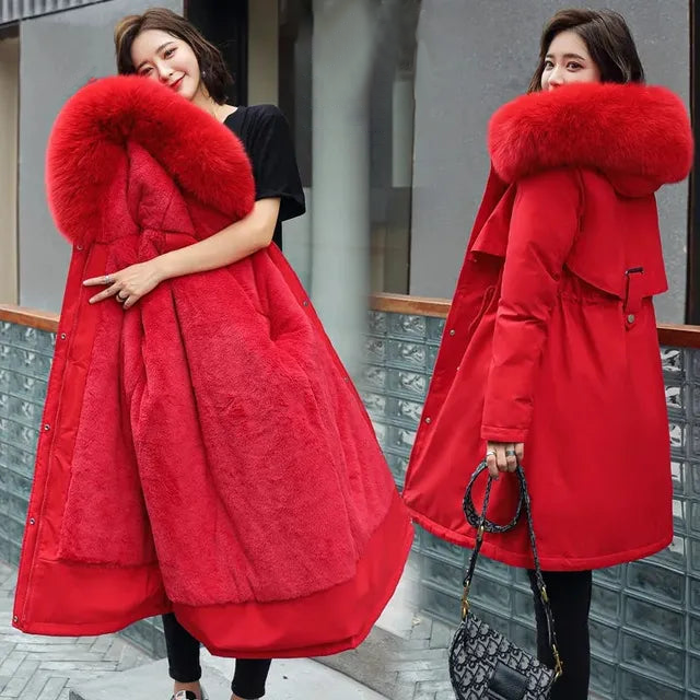 Lilwen | Women's Long Wool Coat with Hood & Fur Collar - Elegant Winter Coat for Cold Weather