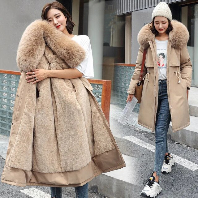 Lilwen | Women's Long Wool Coat with Hood & Fur Collar - Elegant Winter Coat for Cold Weather