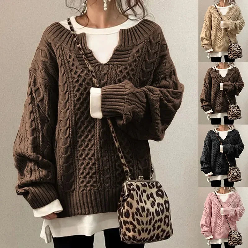 Ayala | Stijlvolle kabelgebreid trui met V-hals voor dames - Knus, trendy winter breigoed