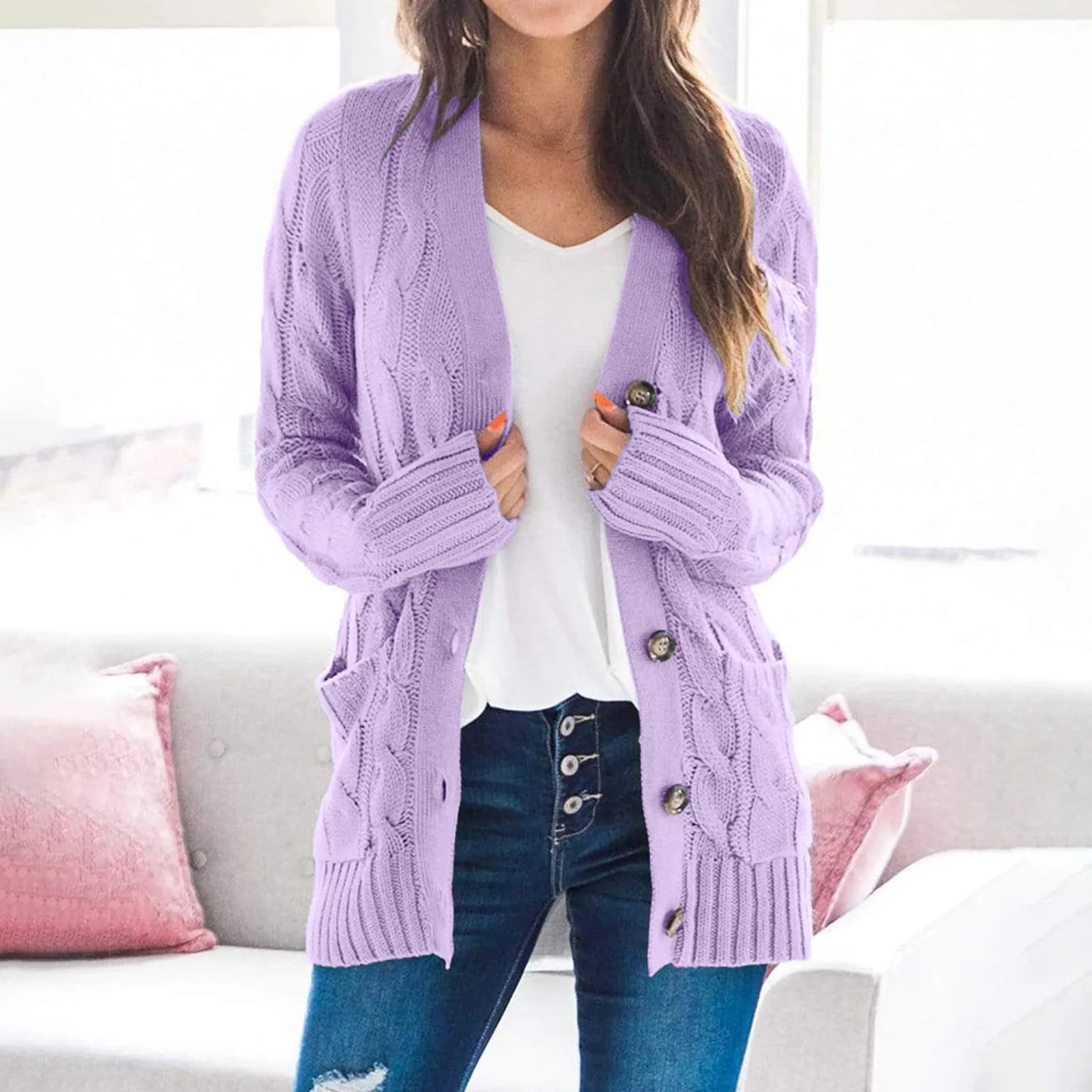 Briseis | Classic V-neck Knitted Cardigan with Pockets - Cozy Lightweight Sweater