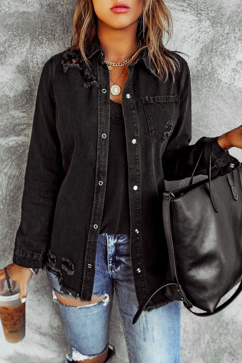 Yarlina | Dames Zwarte Gescheurde Spijkerjas – Gewassen Denim Jack met Knopen