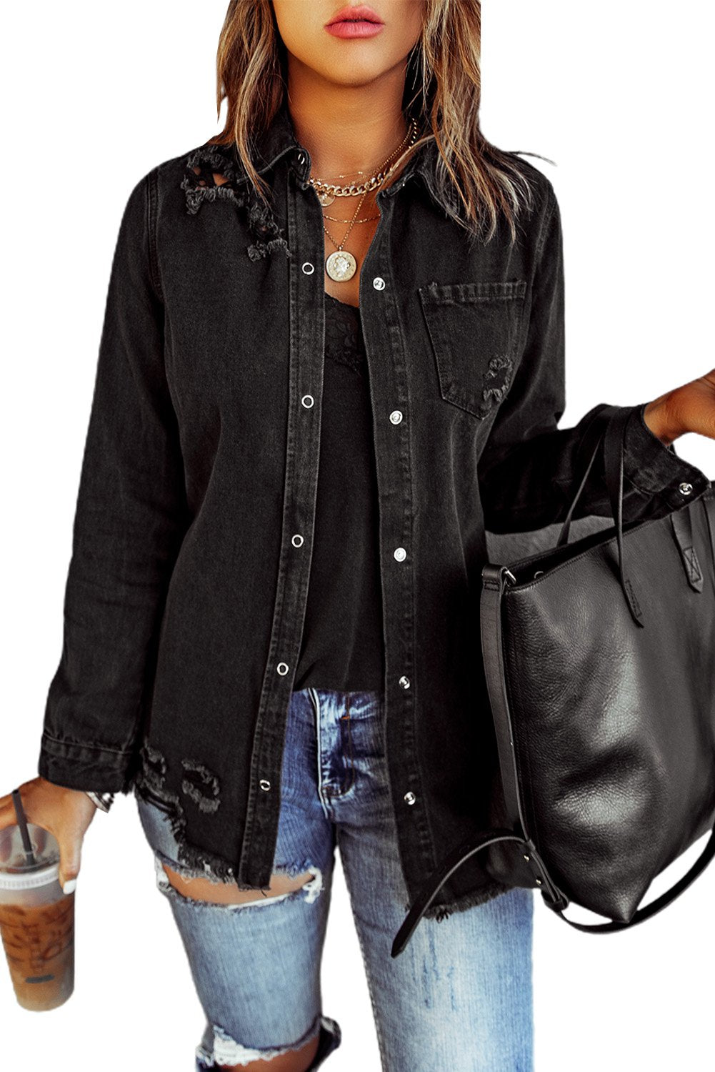 Yarlina | Dames Zwarte Gescheurde Spijkerjas – Gewassen Denim Jack met Knopen