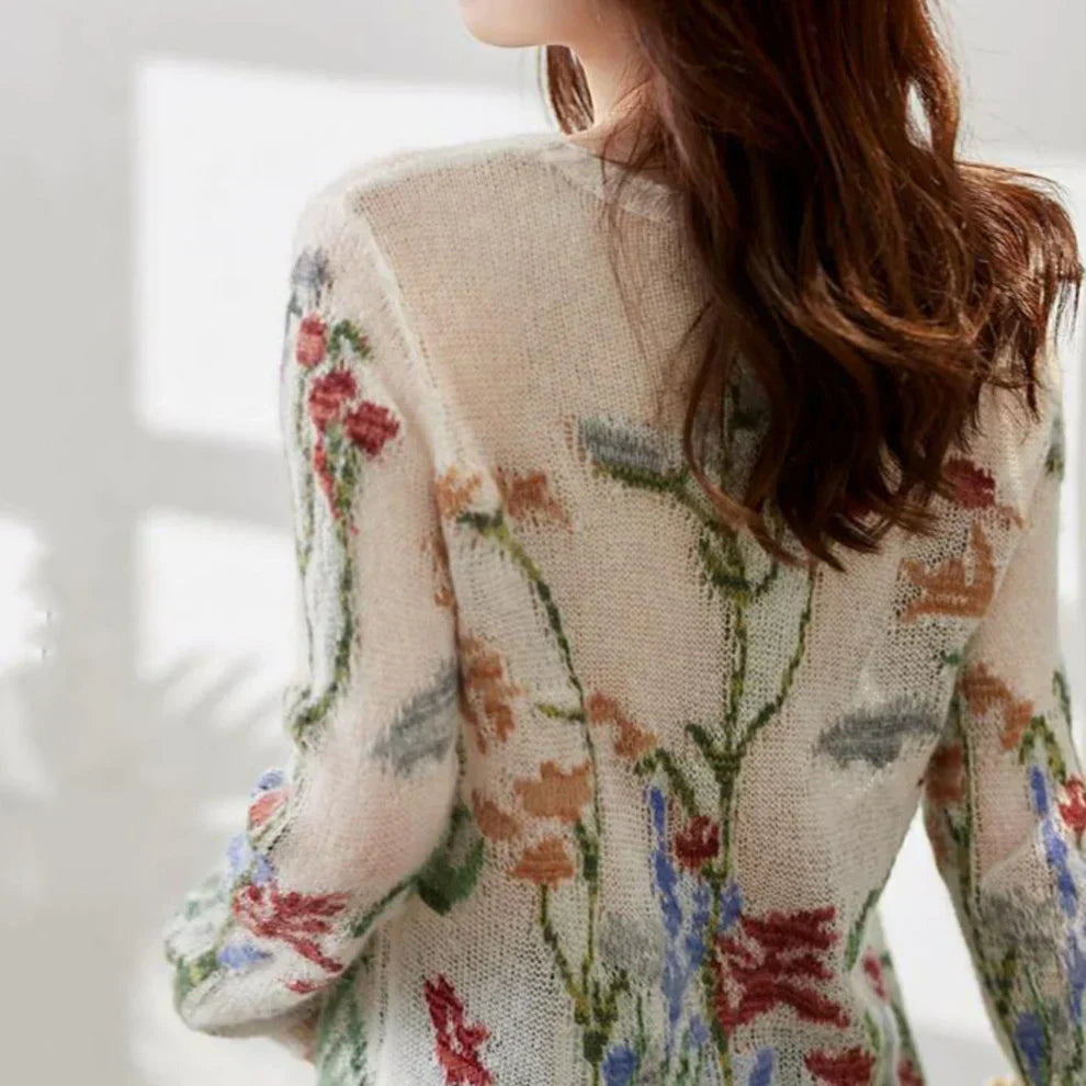 Serixa | Dames gebreide trui met bloemenpatroon – Comfortabele gebreide trui met ronde hals