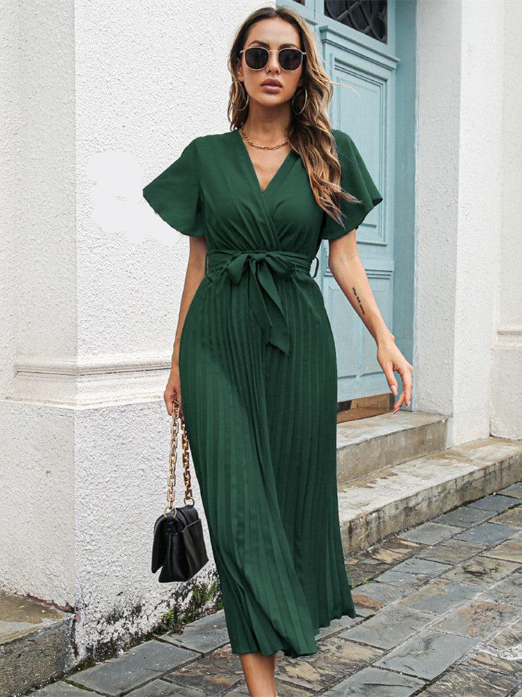 Sylvessa | Elegant Women's Wrap Dress - Pleated Skirt, Tie Waist, V-Neck