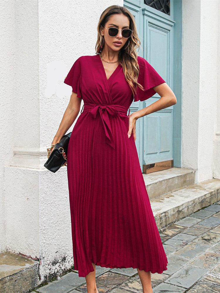Sylvessa | Elegant Women's Wrap Dress - Pleated Skirt, Tie Waist, V-Neck