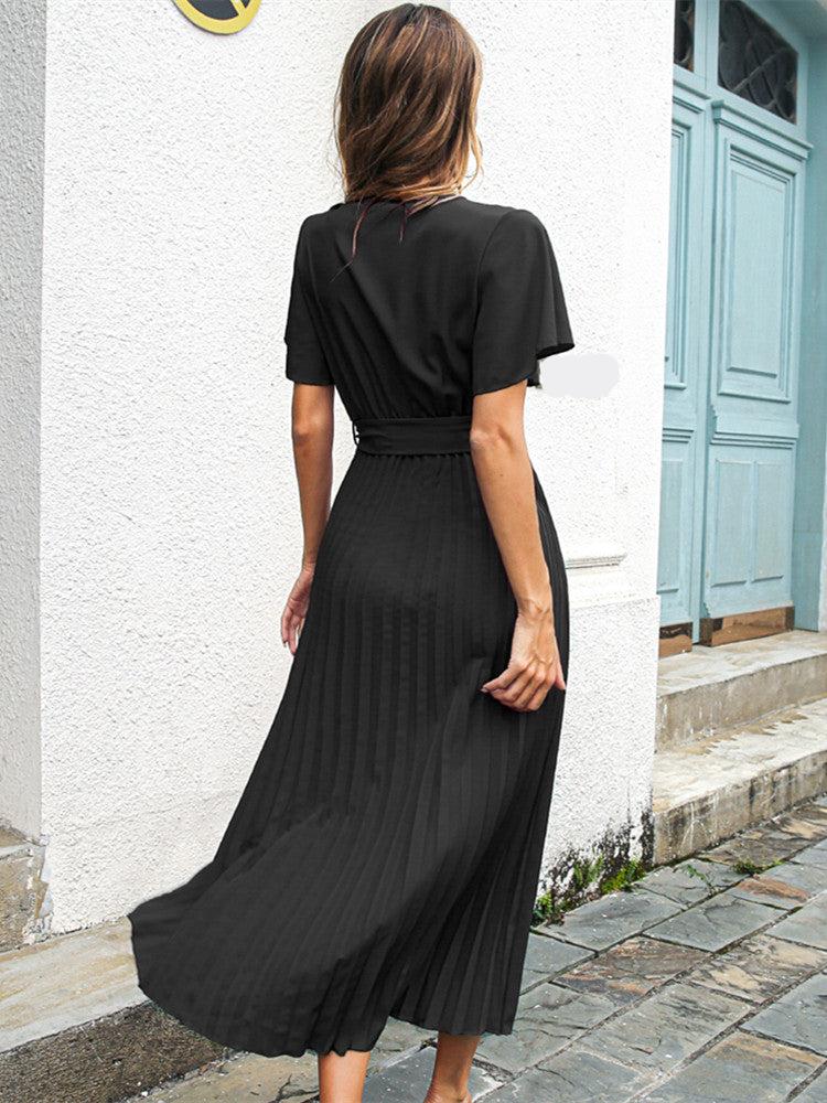 Sylvessa | Elegant Women's Wrap Dress - Pleated Skirt, Tie Waist, V-Neck