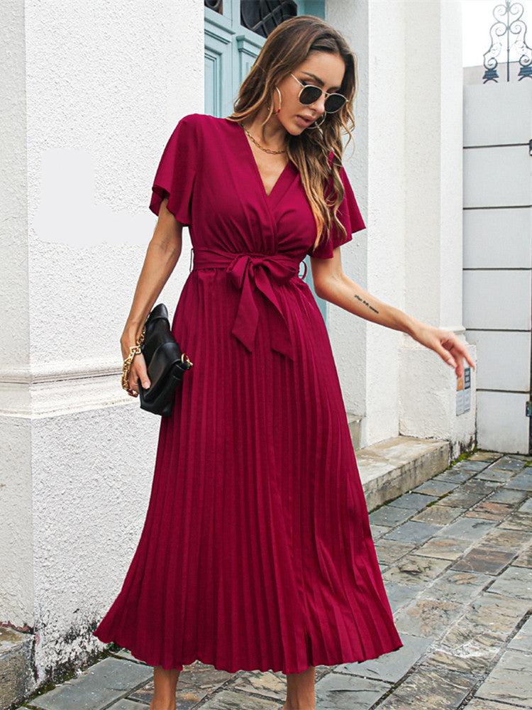 Sylvessa | Elegant Women's Wrap Dress - Pleated Skirt, Tie Waist, V-Neck