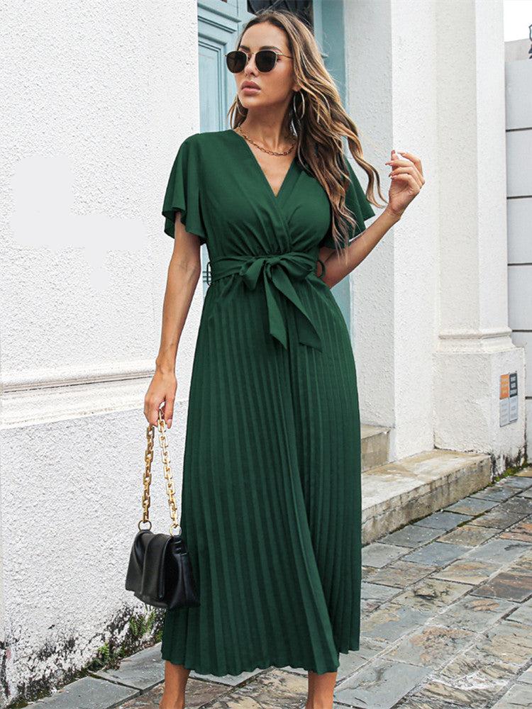 Sylvessa | Elegant Women's Wrap Dress - Pleated Skirt, Tie Waist, V-Neck