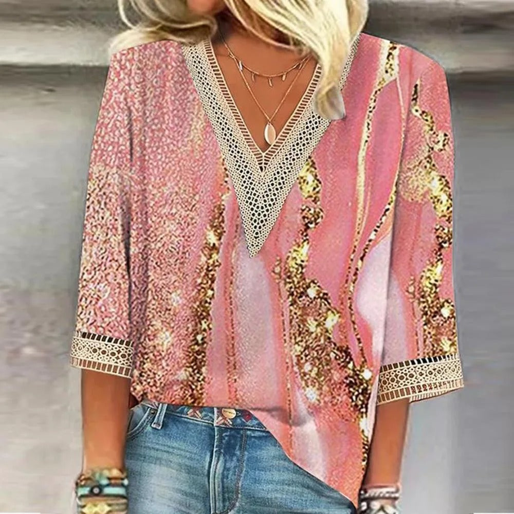 Cyrilla | Elegante blouse met print - Lichtgewicht damestop met V-hals en ¾ mouwen, stijlvol shirt