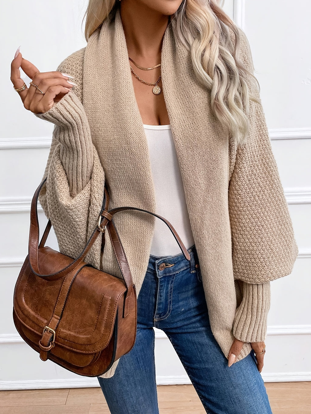 Felice | Oversized damesvest met open voorkant en vleermuismouwen - Los model, elegante effen kleur