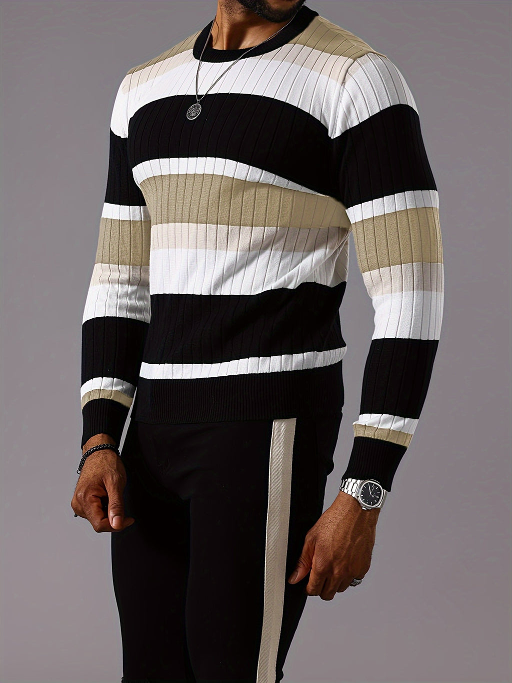 Epoch | Casual Gestreepte Pullover met Kleurblokken voor Heren - Sweater met Lange Mouwen en Ronde Hals