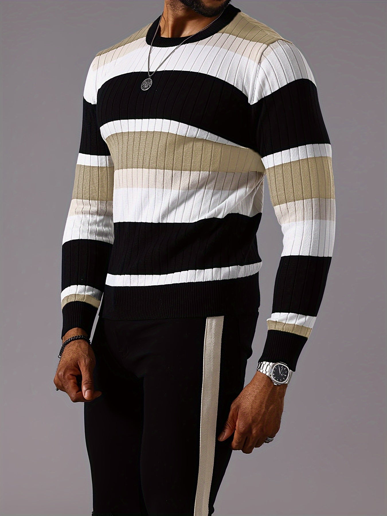 Epoch | Casual Gestreepte Pullover met Kleurblokken voor Heren - Sweater met Lange Mouwen en Ronde Hals