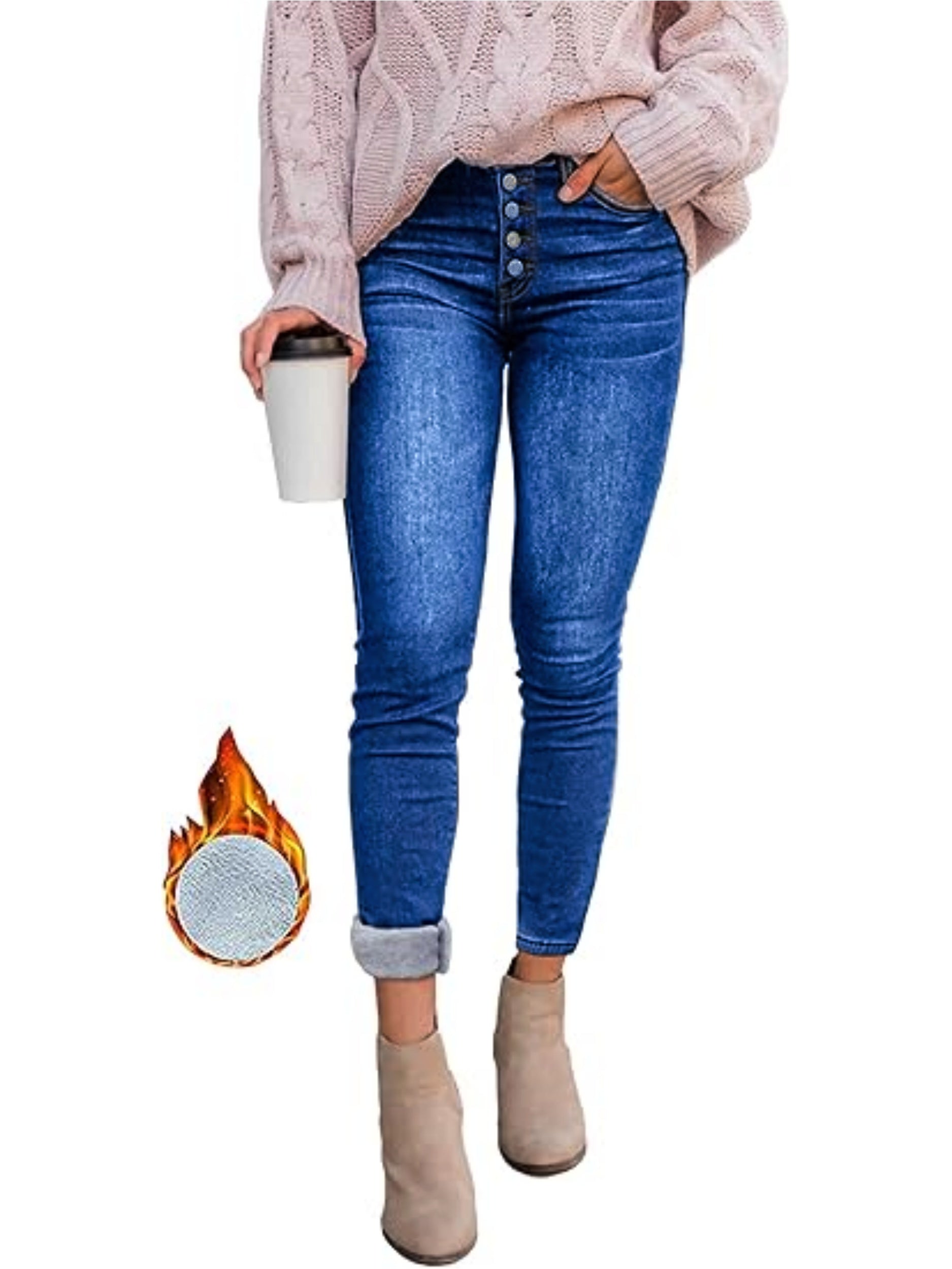 Odessa | Skinny jeans met fleecevoering - warme stretch denim met schuine zakken, knoopsluiting, comfortabele pasvorm