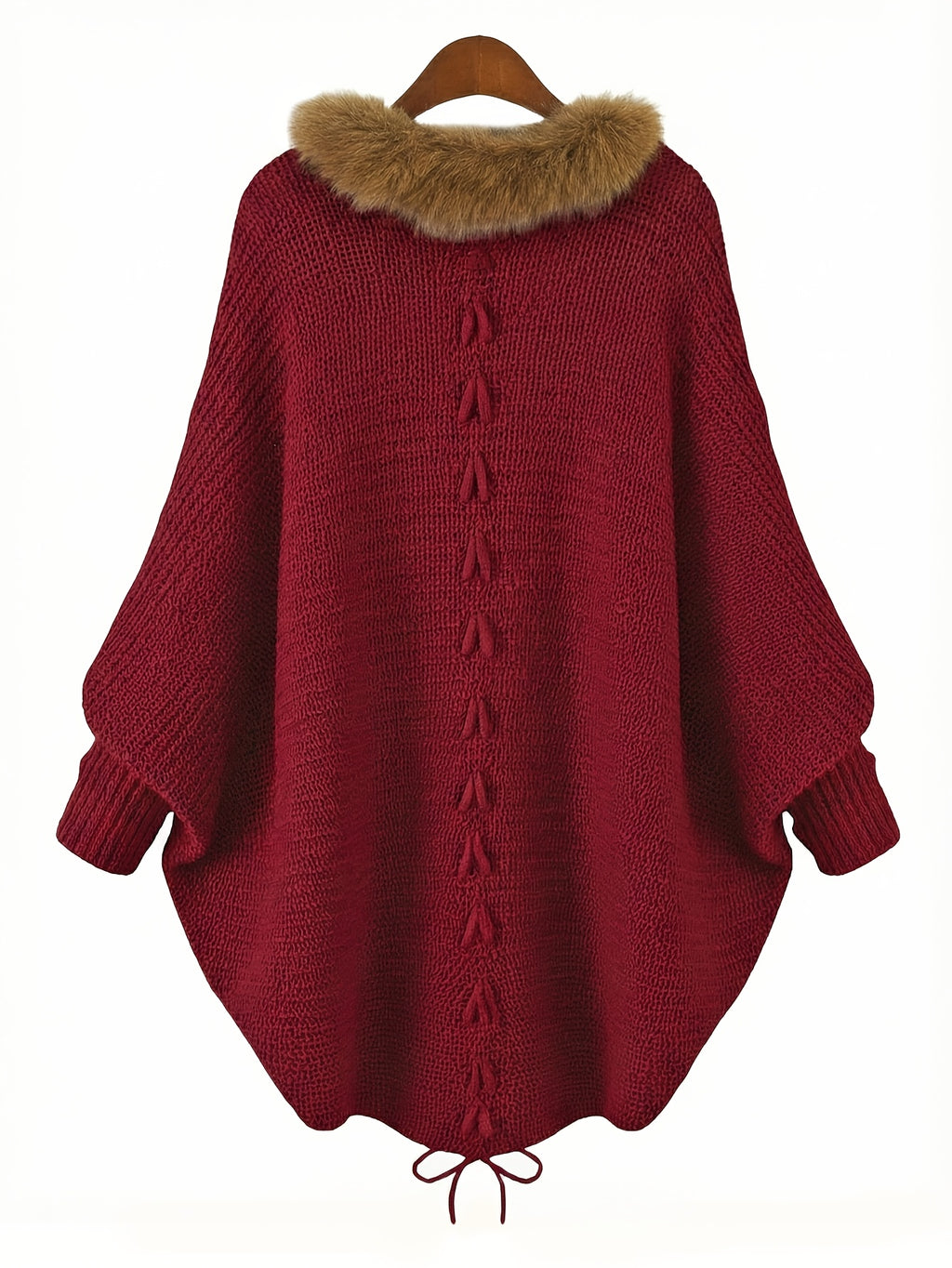 Aemilia | Dikke cape-jas voor dames – met nepbontrand, kabelbreiwerk, warme herfst- en winterjas