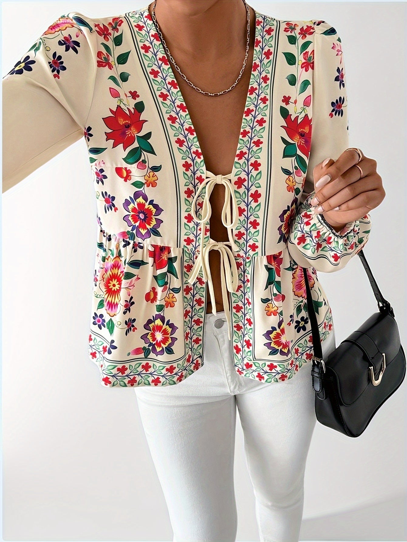 Aletha | Elegant Floral Print Blouse for Women – Long Puff Sleeves, Tie Closure, V-Neck