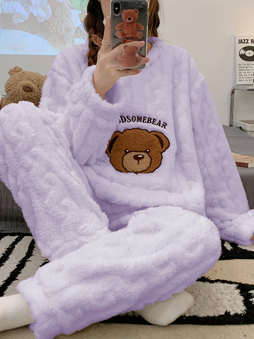Faren | Gezellige dames fleece pyjama set - Beren borduurwerk, lange mouwen top & flanellen broek