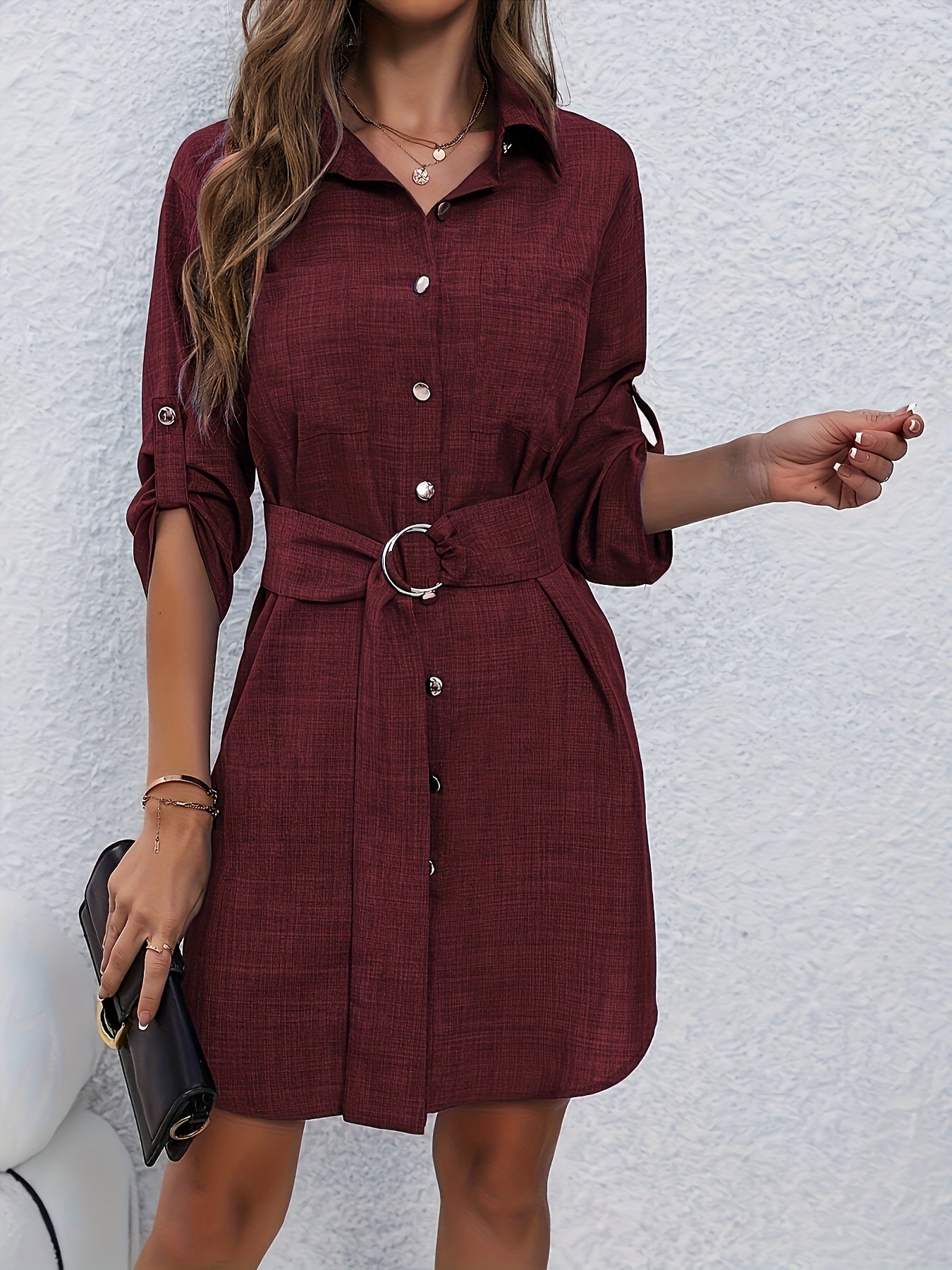 Hanalei | Elegant Long Sleeve Shirt Dress for Women - Belt, Lapel Collar