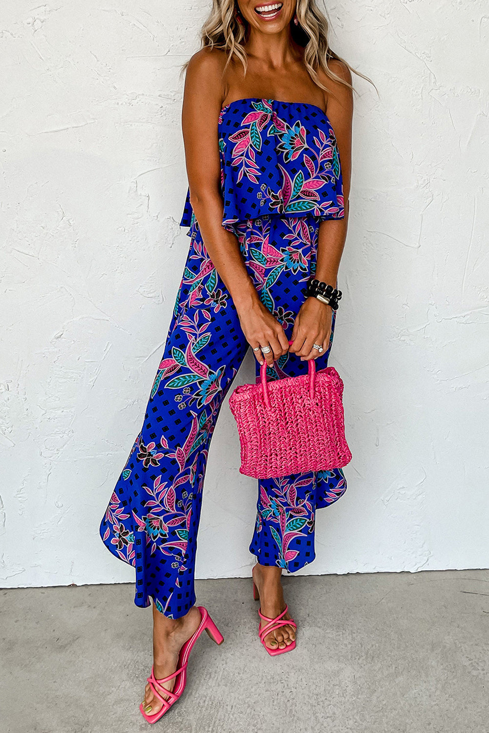 Aiko | Blauw Mix Tropisch Gedrukte Bandloze Jumpsuit