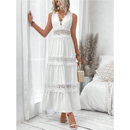 Robe femme sans manches à dentelle et col V