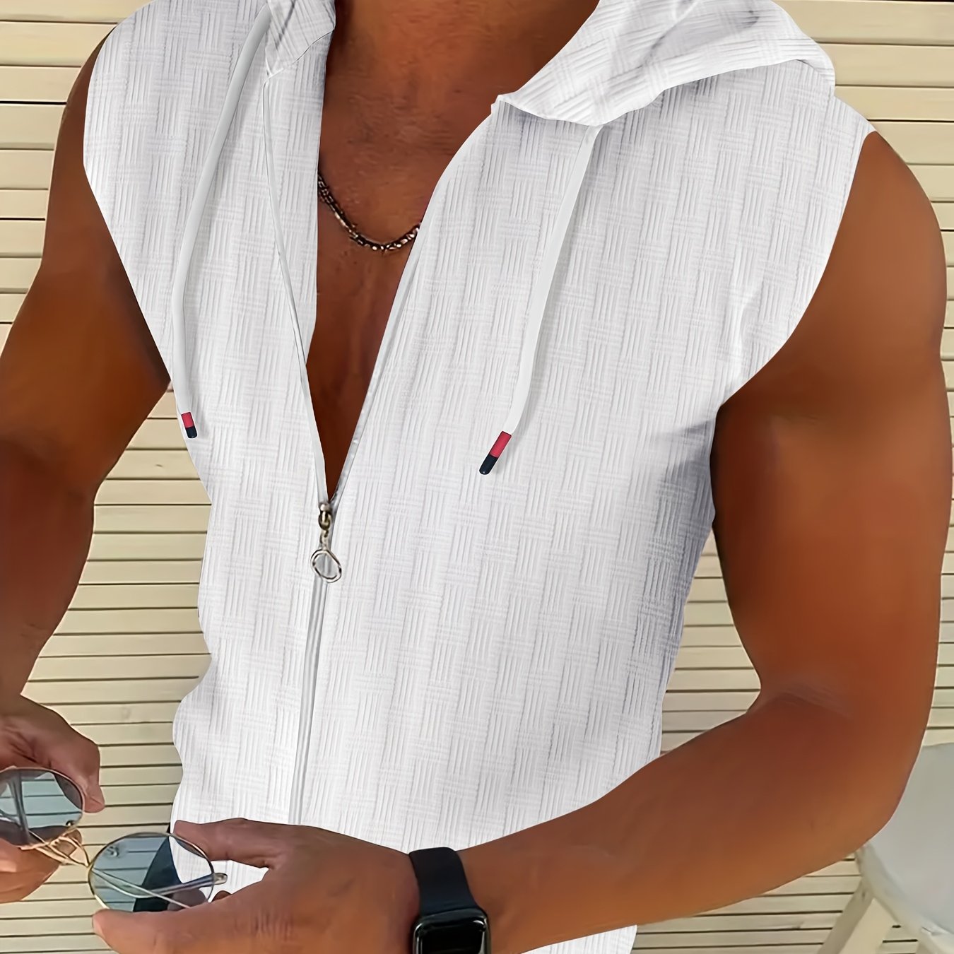 Zeiron | Mouwloos hoodie tanktop met rits voor heren – lichte zomerse gym hoodie vest
