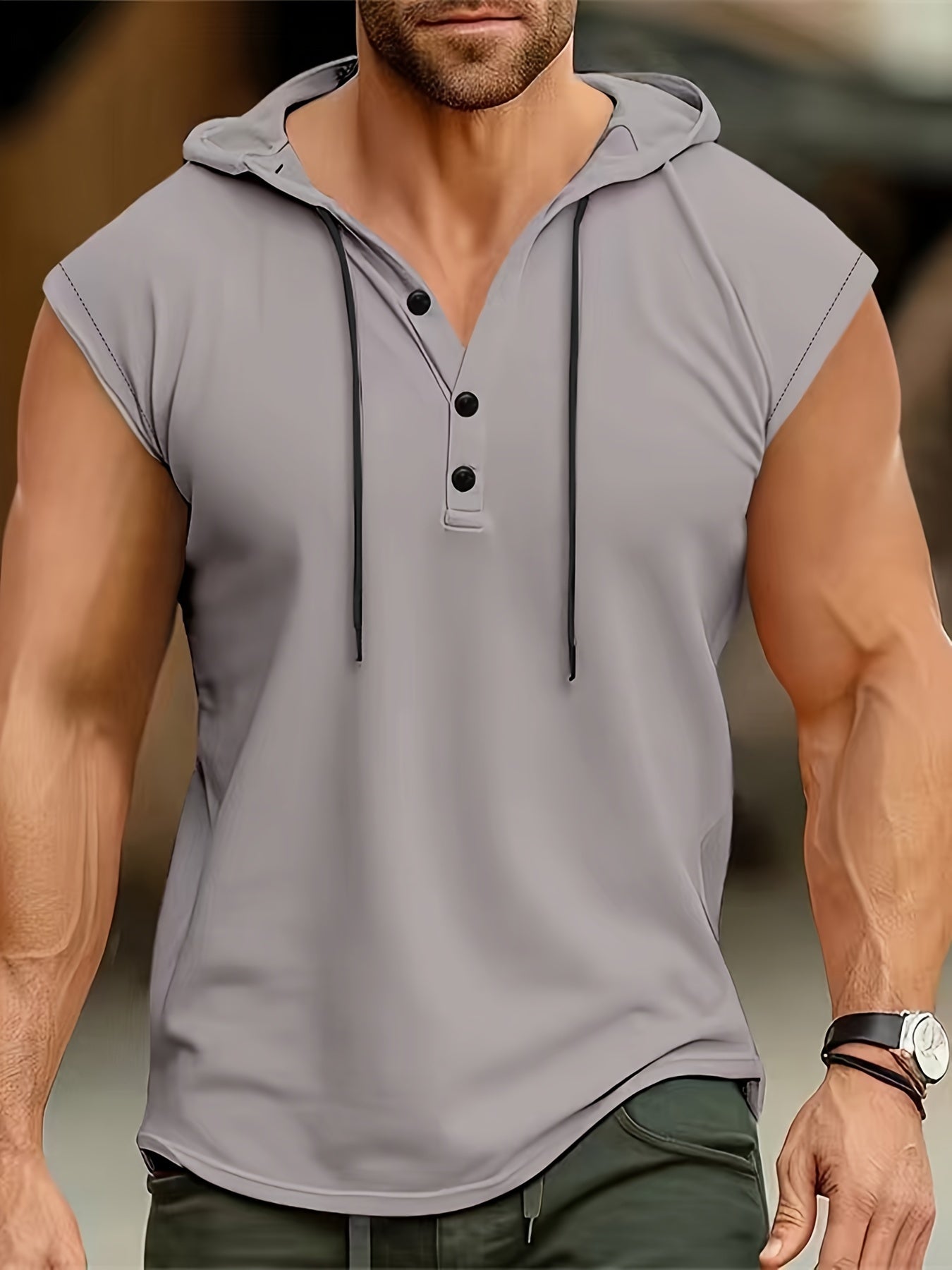 Acton | Heren mouwloze hooded Henley Tank - Ademend sportshirt