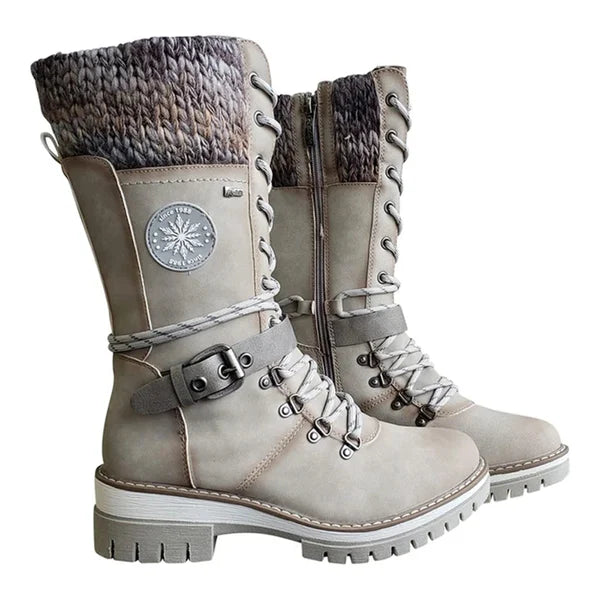FrostSteps | Vrouwen Winter Laarzen, Side-pull, Lace-up, gebreide Mid-Tube, lage hakken, ronde teen - voor koud weer