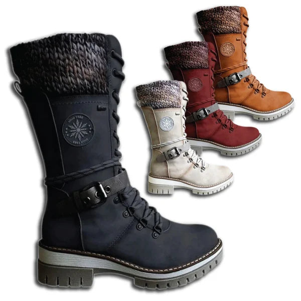 FrostSteps | Vrouwen Winter Laarzen, Side-pull, Lace-up, gebreide Mid-Tube, lage hakken, ronde teen - voor koud weer