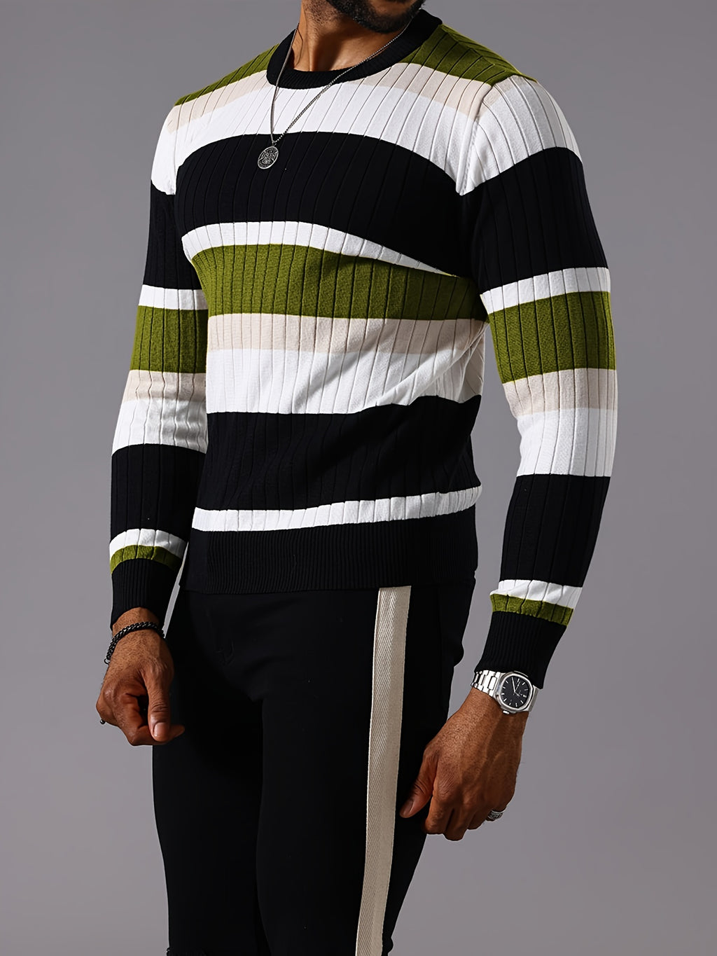 Epoch | Casual Gestreepte Pullover met Kleurblokken voor Heren - Sweater met Lange Mouwen en Ronde Hals