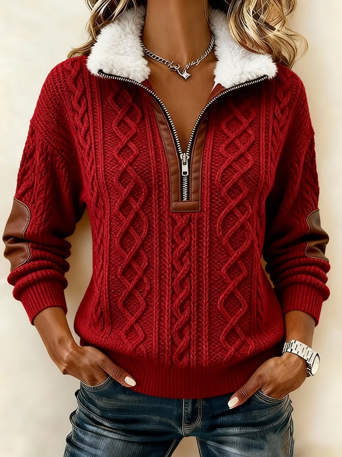 Yessa | Dames trui met halve rits en kraag van imitatiebont – Warme, casual wintertrui