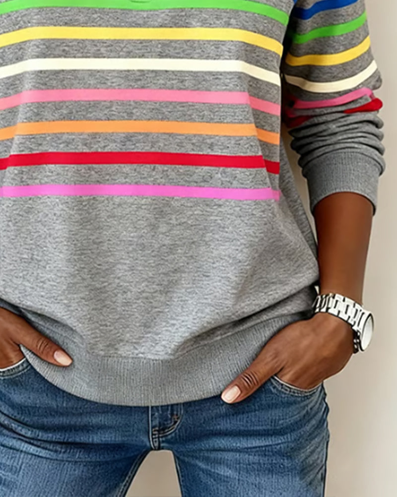 Vayen | Regenboogstreep sweatshirt met halve rits voor dames – Casual pullover, trendy kleurrijke top