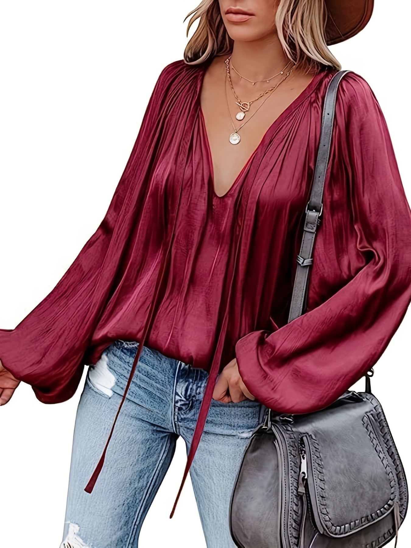 Vaiana | Women's Satin V-Neck Blouse with Lantern Sleeves - Elegant, Loose-Fitting, Dressy Top